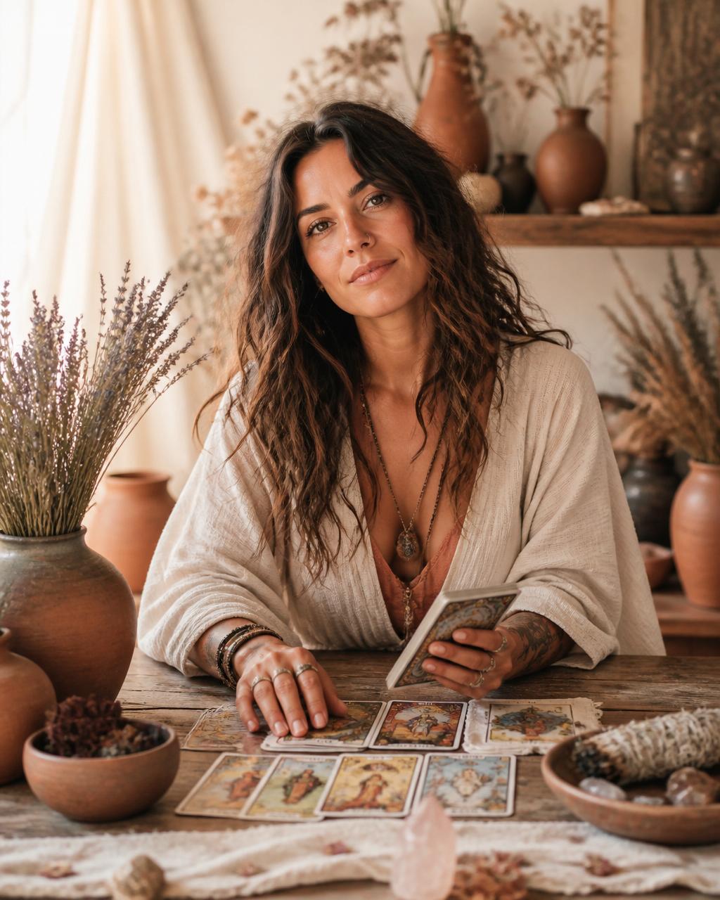 Sarah Sol reading tarot in a sunlit studio