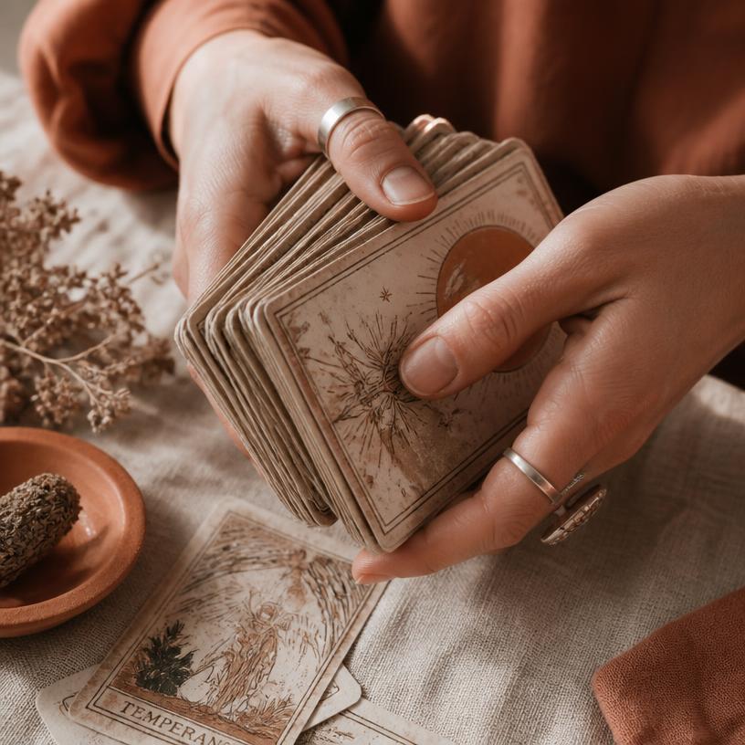 Hands shuffling tarot cards